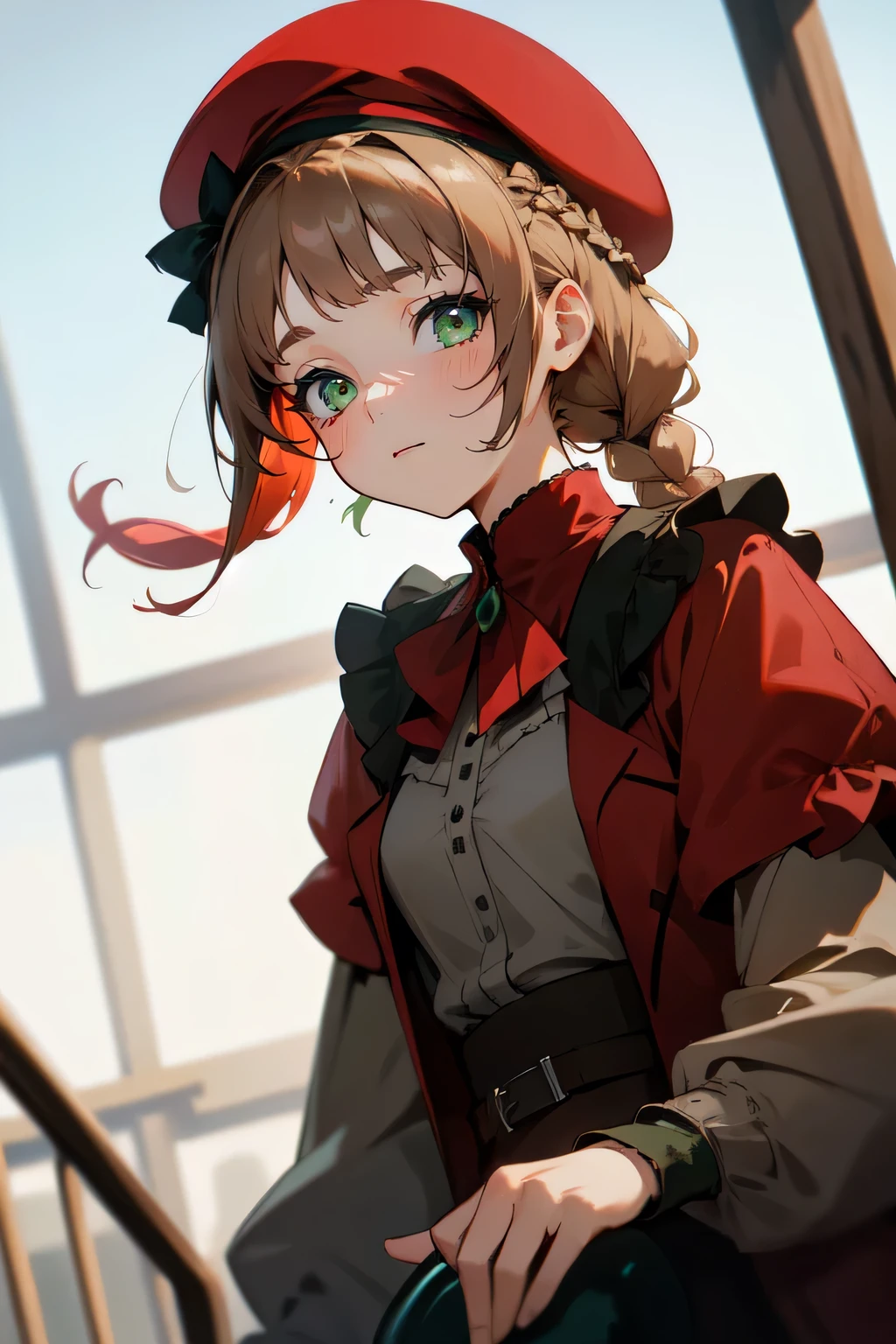 1girl, plain appearence, long light brown french braid, green eyes, red beret, grey blouse, bored, fantasy