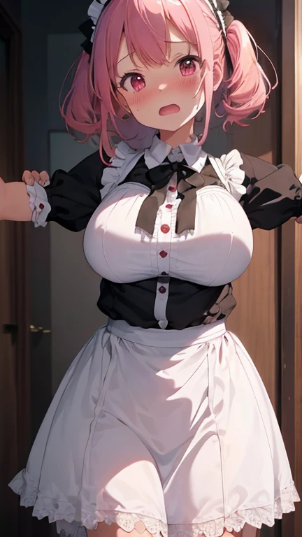 masterpiece, best quality, ultra high res, ultra-detailed, inside an hospital room, sunset, madoka, pink hair, twintail hairstyle, (gigantic tits and giant cleavage: 1.4), hairy pubic hair, (erotic pink nurse uniform with nurse cap and pink lace-trimmed tights: 1.2), black high boots, looking at the viewer with a seductive expression, pleasure face, erotic face, moaning, beautiful makeup with black eyeliner and red lipstick, steaming body, shiny skin, very wet, (madoka is standing in a very erotic and vulgar pose with one hand on her hips while erotically moaning from orgasm and with horny erotic face: 1.6), (bottom close pussy photo: 1.5)