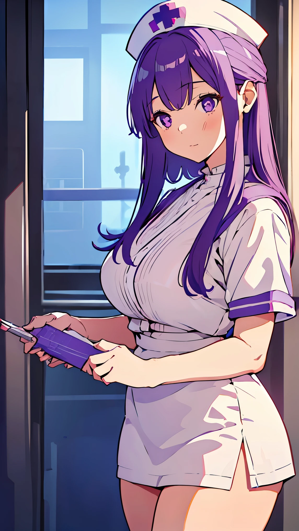 Girl1,Nurse, wearing white,purple hair, ((nurse cap,white legs, Zetai Ryuki)), white gloves, standing, ((hospital room)), short sleeves,jitome, jealous, naughty, evil,Eyes droop,Sharp outline,super detail,high quality,high details,best quality,1080P