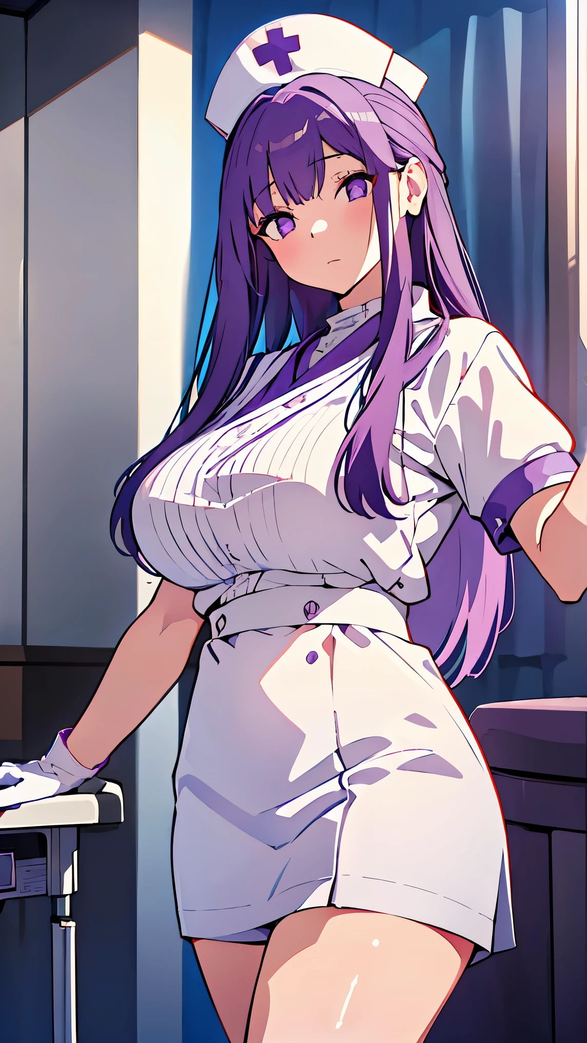 Girl1,Nurse, wearing white,purple hair, ((nurse cap,white legs, Zetai Ryuki)), white gloves, standing, ((hospital room)), short sleeves,jitome, jealous, naughty, evil,Eyes droop,Sharp outline,super detail,high quality,high details,best quality,1080P