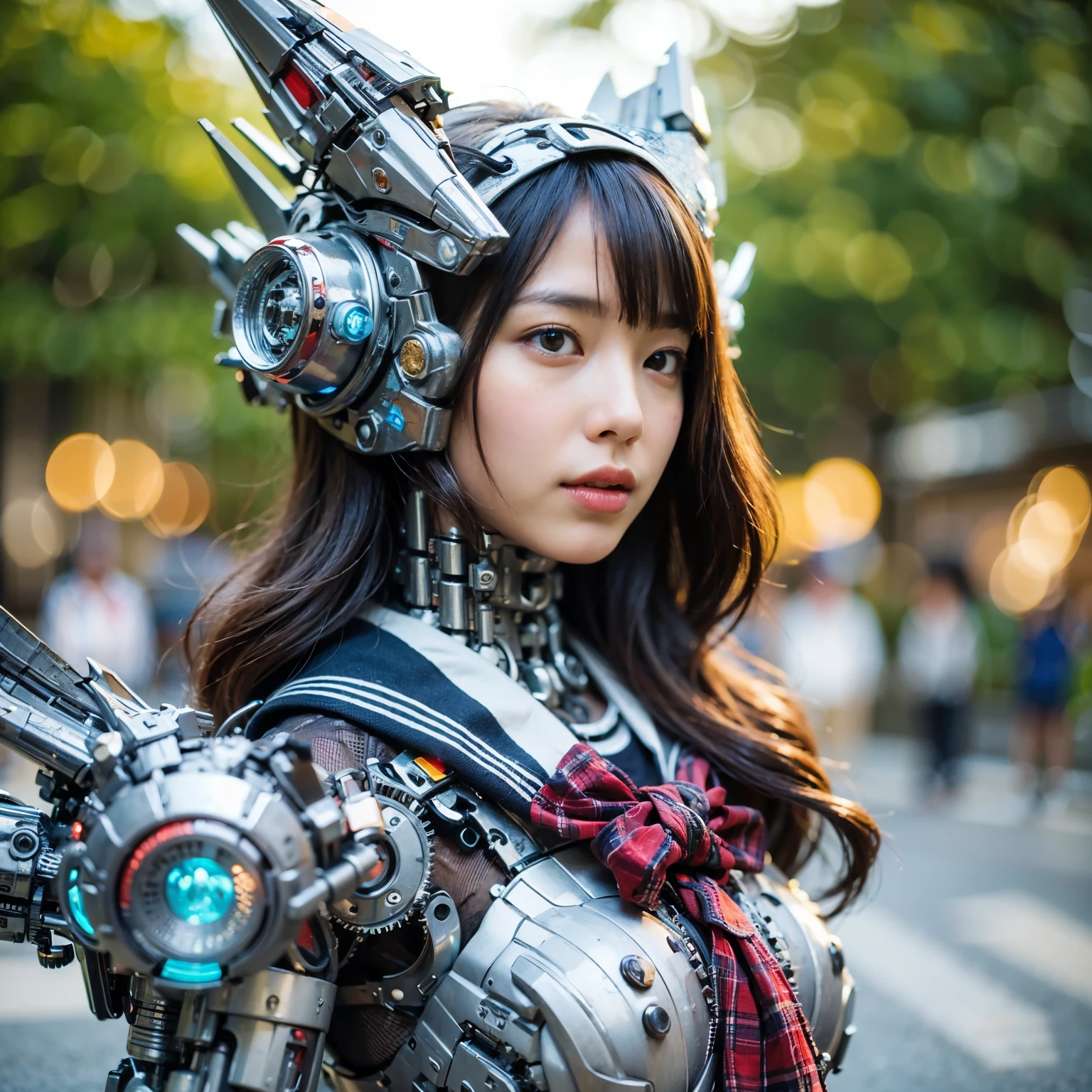 (masterpiece, best quality:1.2), (8k uhd, 16k, 32k, ultra high res), (photorealistic:1.37), (RAW photo), ultimate-realistic, ultimate-realistic details, ultimate-realistic texture, ultimate-intricate details, ultimate-realistic lighting, ultimate-realistic shadow, 1 japanese girl, ultimate-cute face, ultimate-RAW skin, ultimate-realistic eyes, (mechanical:1.4),  (armor), full body, wide shot