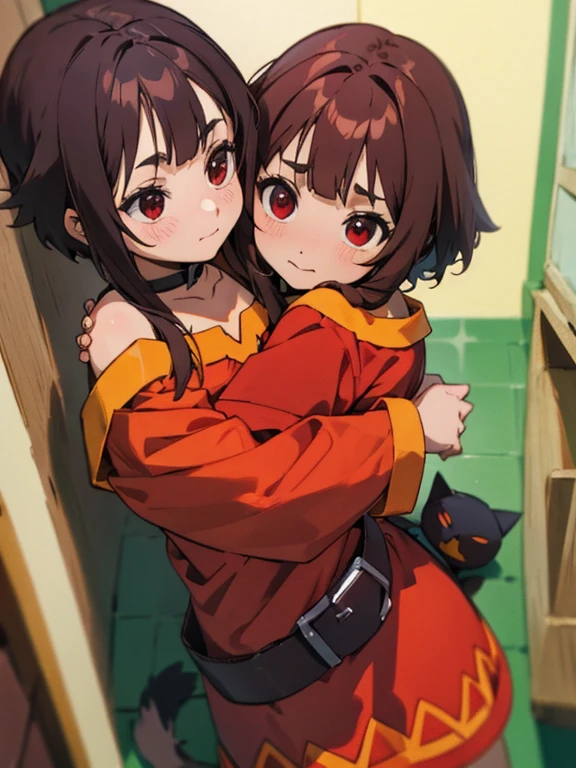 Obra maestra, mejor calidad, high resolution, absurdo, cudd13 , ((1 chica, solo)), gato, abrazo, abrazando, black gato, abrazoging, lindo, dormitorio, acogedor, calma, Paz, ternura, ((Megumin)),El estilo de Megumin., ropa roja, Brown cabello, ojos rojos, ((short cabello)), Brown_cabello, scalpa, hombro expuesto