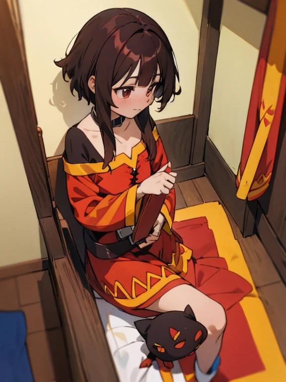 Obra maestra, mejor calidad, high resolution, absurdo, cudd13 , ((1 chica, solo)), gato, abrazo, abrazando, black gato, abrazoging, lindo, dormitorio, acogedor, calma, Paz, ternura, ((Megumin)),El estilo de Megumin., ropa roja, Brown cabello, ojos rojos, ((short cabello)), Brown_cabello, scalpa, hombro expuesto