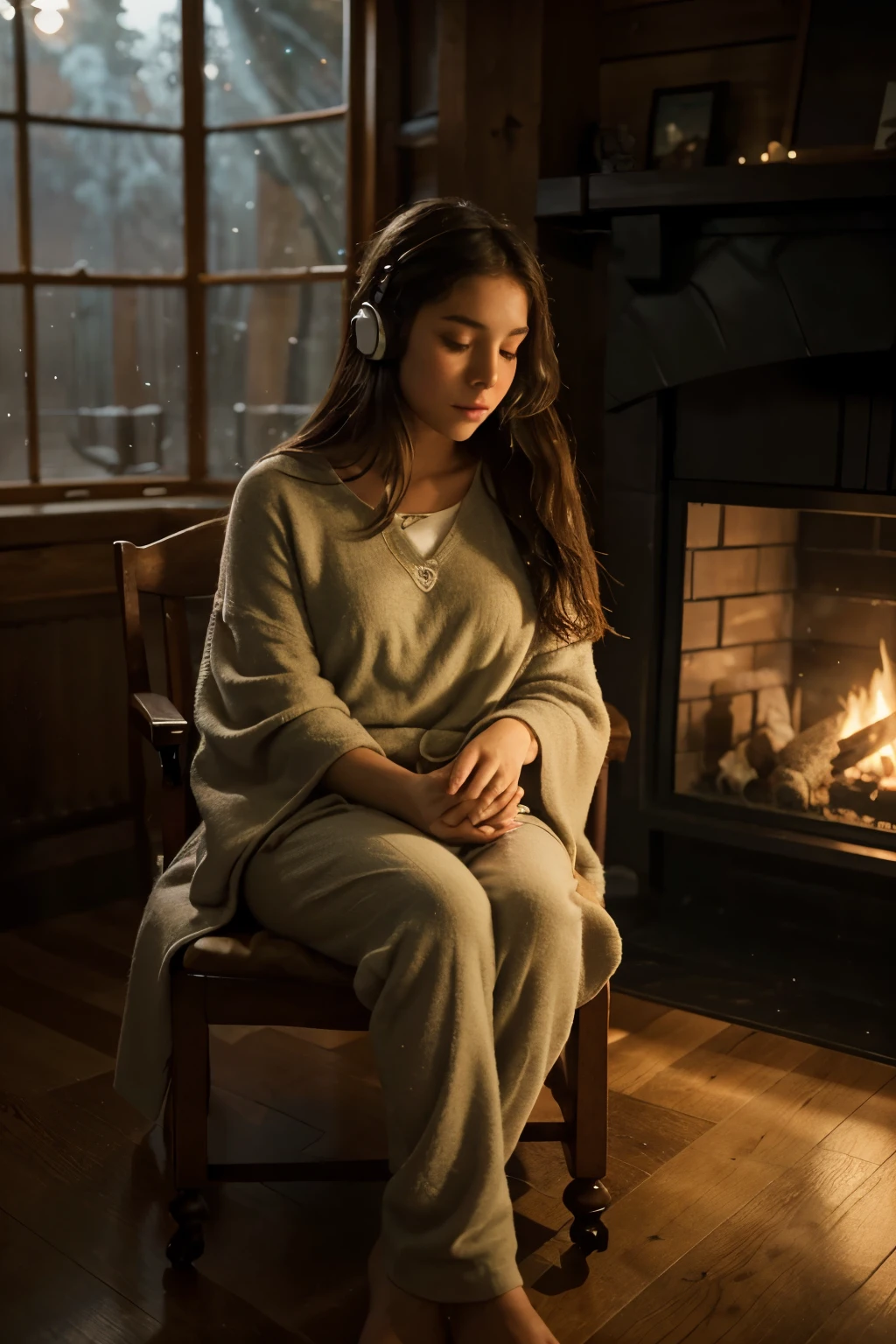 A serene, cinematic scene of an 18-year-old girl named Melody, sitting on a wooden chair in her cozy wooden house. The warm glow of the fireplace illuminates the room, casting a soft light on the numerous green plants surrounding her. Melody's pet dog lies at her feet, their bodies both wrapped in the comforting blankets. She is immersed in her music through her headphones, her face exhibiting a tranquil expression. It's nighttime, and a gentle snowfall is visible through the large window, adding to the enchanting atmosphere., cinematic