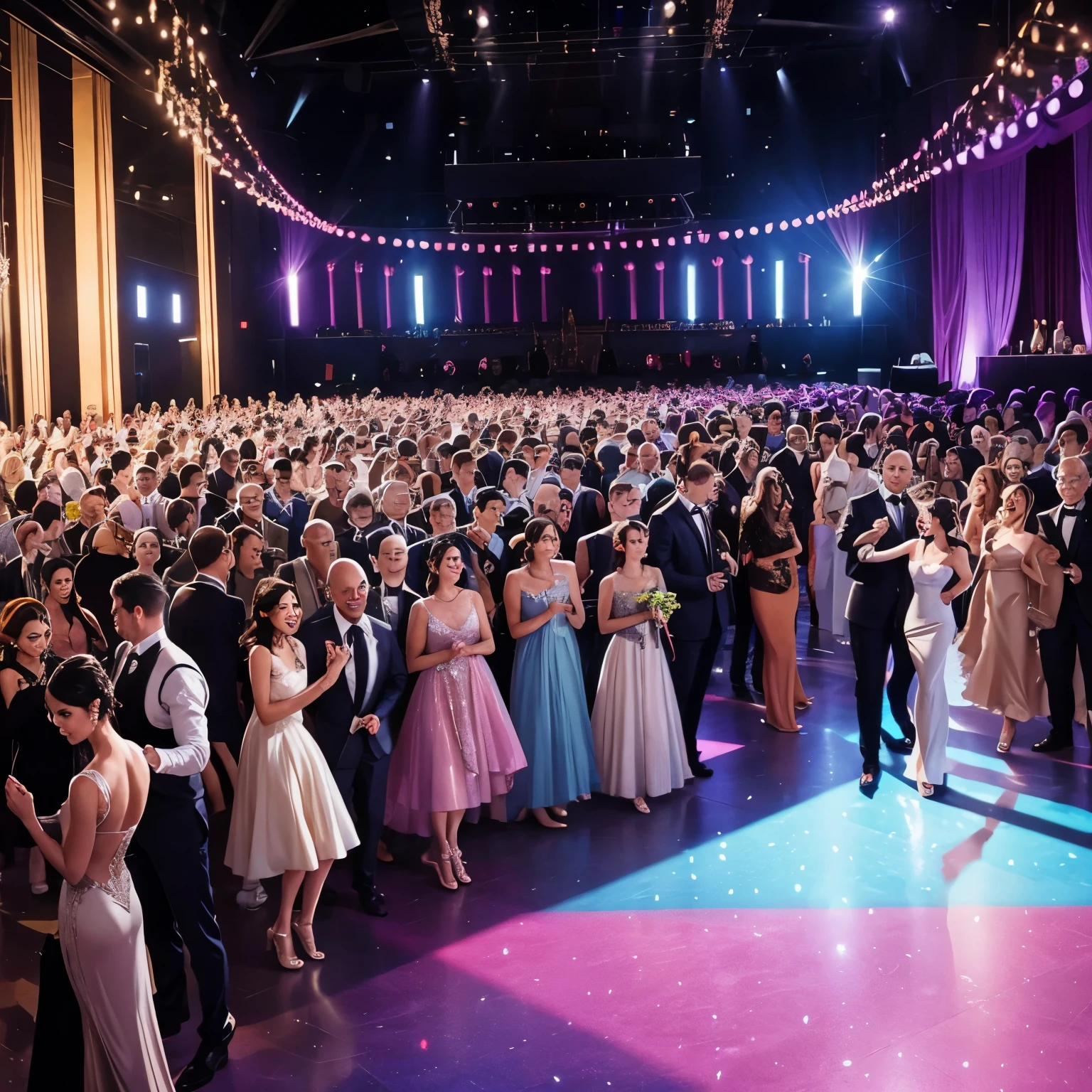 Scenery of a dance floor with many elegantly dressed people cartoon