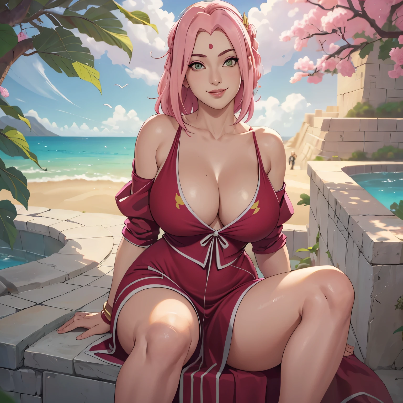 (((vestido sexy con hombros descubiertos))), Obra maestra, La mejor calidad en el mejor de los casos, 1 chica, sakura haruno, (((senos enormes))),((hombros desnudos)),(((((escote))))),(Primer plano de la parte superior del cuerpo),sexy,Is shy,sonrisa,con cabello rosado, Pelo largo blanquecino, (ojos verdes:1.4), forehead protection, Los cerezos,Cerezos en flor volando, ((((Figura tetona)))), :1.1, :1.1, ahegao:1.1,(enorme, grande ),Media cremallera, mostrando sus grandes tetas, Mirando al espectador, Hermosos ojos, sonrisa seductora sexy, belleza sensual, girl sole, tetas perfectas