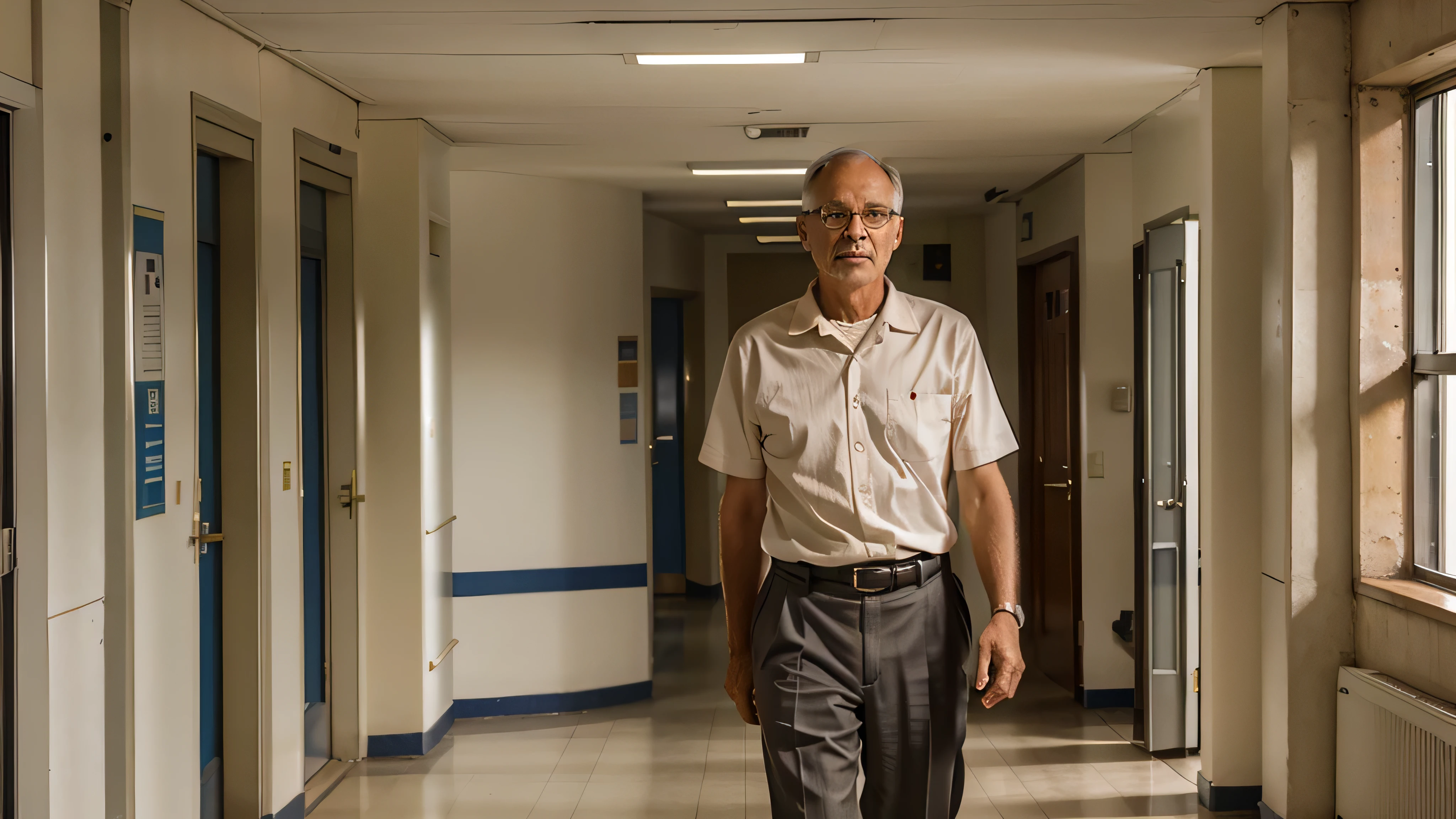 50 yo old college professor, shocking expression, standing on corridor outside of college canteen