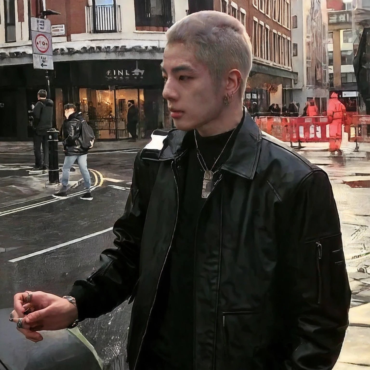 homem arafiado de jaqueta preta parado na esquina com um telefone celular, cai xukun, vestindo jaqueta de couro cyberpunk, um homem vestindo uma jaqueta preta, very aesthetic leather jacket, Vestindo jaqueta de couro Samcrow, Yanjun Chengt, jossi do blackpink, vestindo roupas cyberpunk, hyung tae, wearing Japanese techwear, Jung Jaehyun, Steve Zheng, Jungkoook 