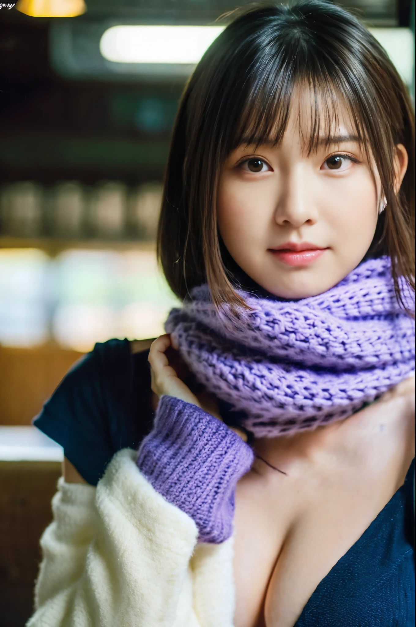 masterpiece, 最high quality, One Girl, (beautiful girl, Delicate girl:1.3), (:1.3), Extremely fine resolution, (Symmetrical eyes:1.3), (Inside the train), (knit, scarf, Long coat:1.3), Small breasts, Brown eyes, Parted bangs, Brown Hair, , (Eye and facial details:1.1) , (1 nogizaka girl,teenager,RAWtos,Photorealistic:1.5),(最high quality, high quality,High resolution, 最high quality,ultra High resolutionolution,High resolutionolution,High resolution,超High resolution,Large file size,8k,2k wallpaper,8k wallpaper,high quality texture,wonderful,Very delicate and beautiful:1.3),One Girl, K-POPアイドル,Beautiful Face,Portraiture,Blurred Background,White skin,青White skin,Beautiful Skin,Black Hair,Iris,Big eyes,Cute eyes,Cleavage,Off the shoulder,(Particles of light, Lens flare, Luminous Particles: 0.7),View your viewers,Bright lighting,Professional Lighting
