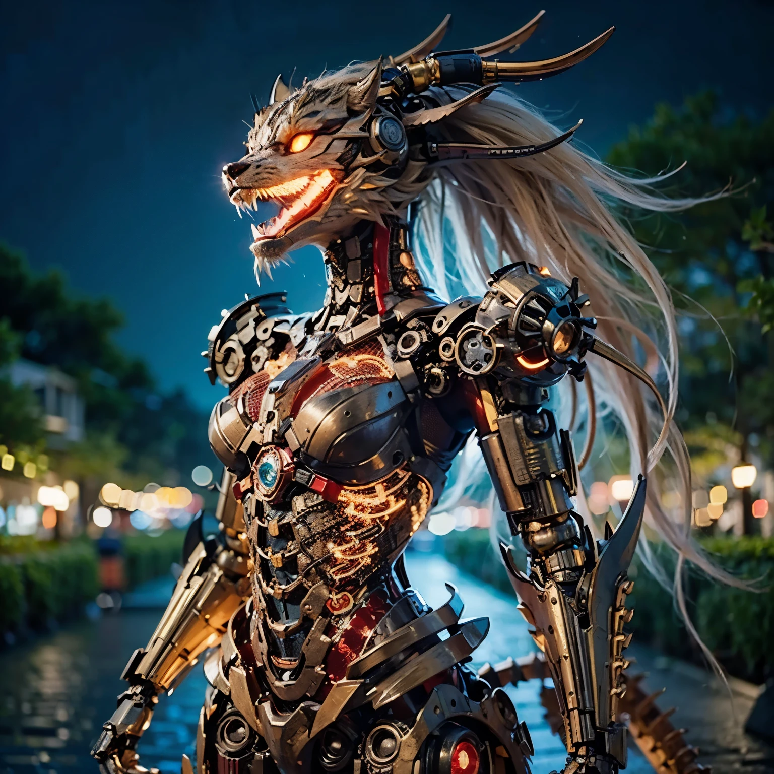 a male robotic anthro dragon and hi definition in a old japanese street market in the style of realistic female faces, glowing red and gold hair, <lora:sdxl_lightning_8step_lora.safetensors:1.0>, <lora:add detail xl.safetensors:1.5>