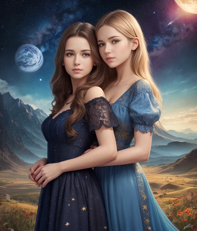 Beautiful realistic photography, full body photographed, photorealist, (correct hand anatomy), Two Girls 20 years old, Twins, Brown hair, dressed in a blue dress, dark hair, Beautiful face, With clean skin, detailing, correct hand anatomy; Beautiful face, Clean skin, In the background is a cosmic sky with stars, Dragon in the sky, обложка любовного novelа, жанровая фотография Beautiful realistic photography, Blonde hair, Beautiful face, Clean skin, обложка любовного novelа, обложка книги о novelе, Romantic Fantasy, Book Cover Style , novel, Обложка novelа, Gender portrait