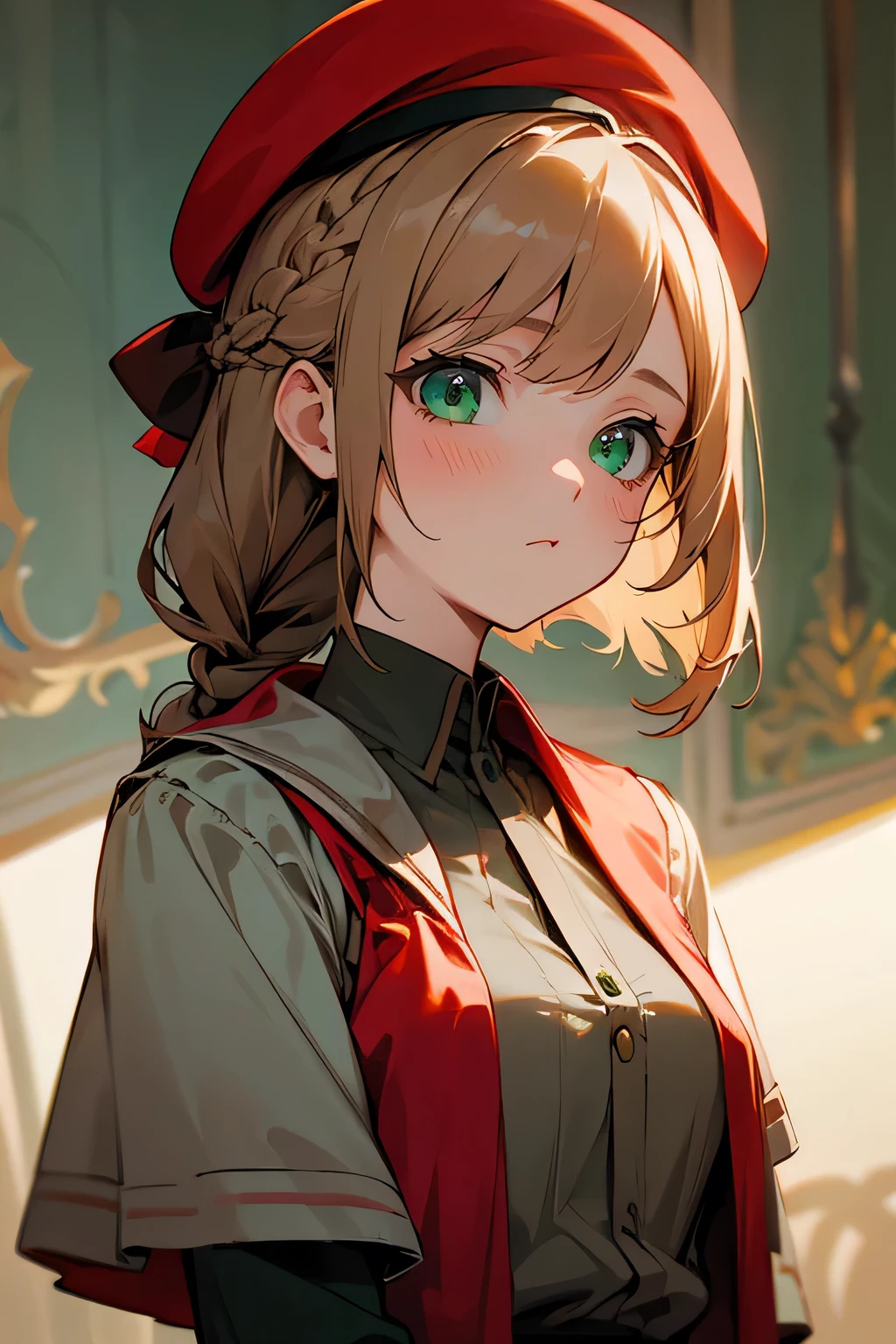 1girl, plain appearence, long light brown french braid, green eyes, red beret, grey blouse, bored, fantasy