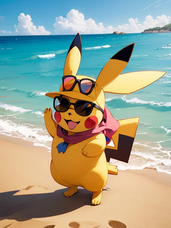 Pikachu con sombrero y gafas en la playa.