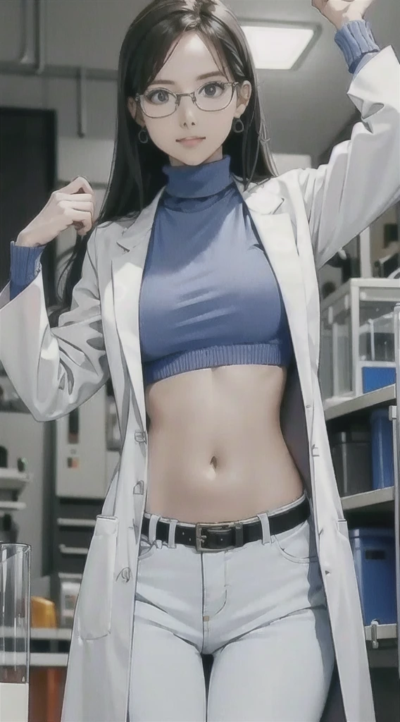 Girl in Laboratory, Turtle-neck, lab coat, showing navel, belt, Exposing the abdomen below the navel, well-dressed, glasses, blue jean, laboratory