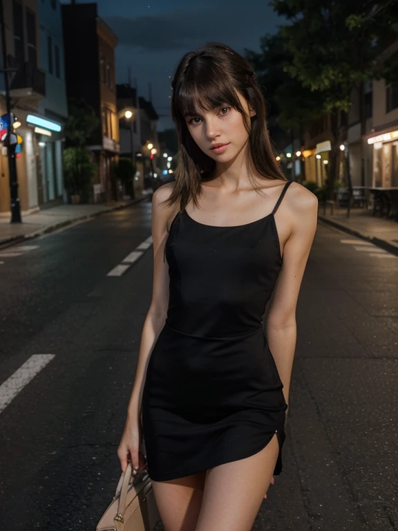 Um close de uma mulher com um vestido preto parada em uma rua, skinny fitness girl, black tight dress, nightlife, night, streets, bali, posing, photoshoot, realistic, natural, white skin girl, spanish girl