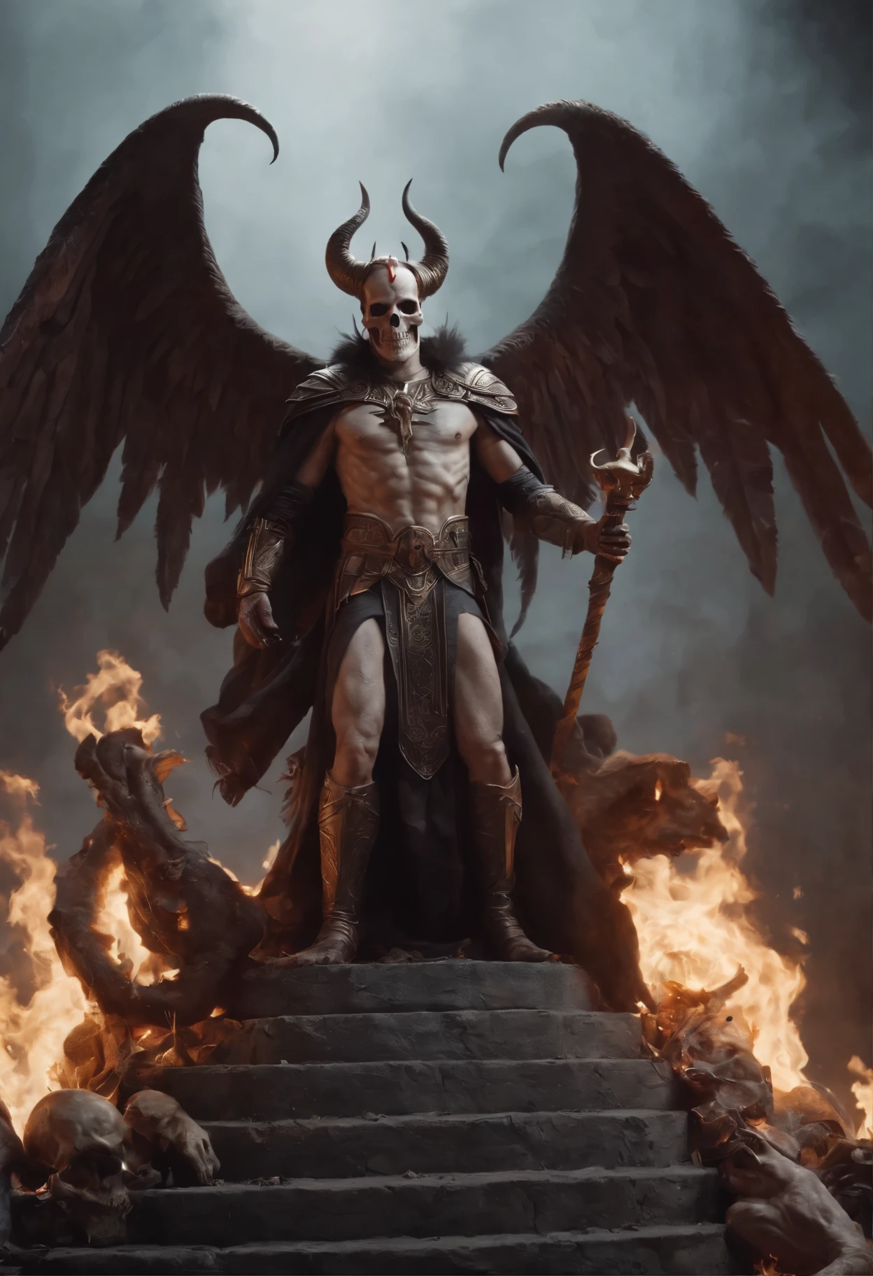 Skull and Lucifer conversing on top of a pile of corpses, Fantasy, Complex, elegant, Very detailed, Centered, Symmetric, I drew, Complex, Volumetric lighting, beautiful, A masterpiece of deep colour, Sharp focus, Super detailed, Dan Mumford and Mark Simonetti's style, Astrophotography, No Life King,