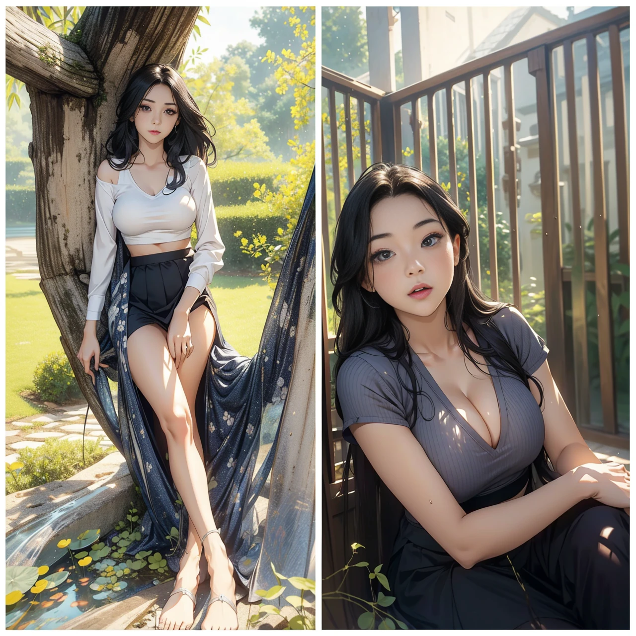 1 female，25 years old，Slim，Very large ，Big breasts and thin waist，Long legs， 1 female，25 years old，MILF，Big breasts and thin waist，Slim，Large chest ，exposure， solo，（background：bamboo forest，lotus，lotus，Lotus Pool） She has short silver-white hair，Stand up，Soaked，From the front， Straight Hair， partly cloudy，（（（masterpiece），（Very detailed CG unified 8K wallpaper），Best quality，Movie Lighting，Detailed background，Beautiful and delicate eyes，Smart pupils，black eyes，（Very delicate and beautiful），（Beautiful and detailed description of the eyes），Ultra Detailed，masterpiece，）），Facing the camera，high resolution，Ultra Detailed），Exposing breasts，Exposed genitals， Convex，Legs open，convex sexy，camel toe，flushed face front，High School Students（Wear：mini, deep neck , v-shaped croptop, Cleavage, Bare breast, short skirt, mini skirt, one quarter skirt