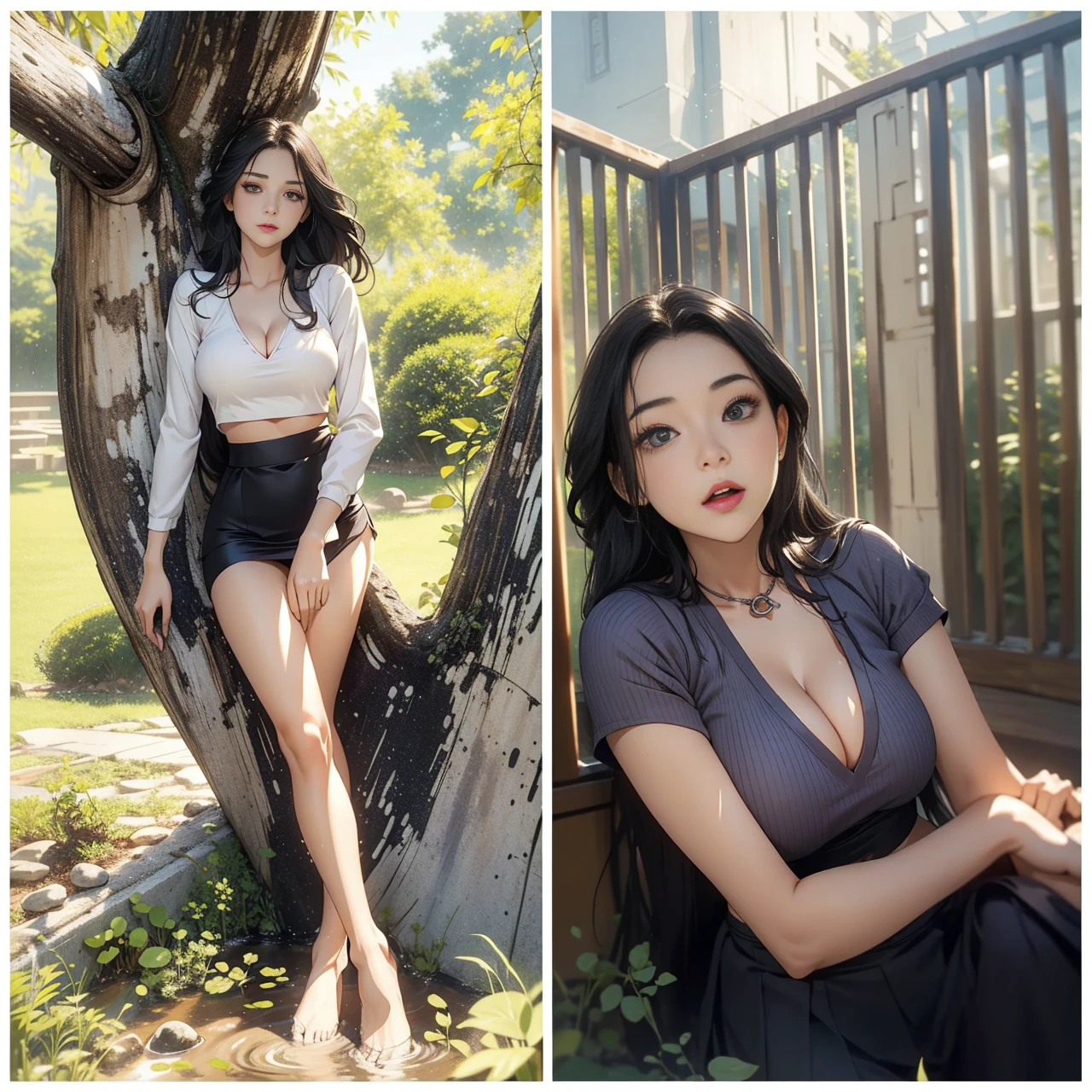 1 female，25 years old，Slim，Very large ，Big breasts and thin waist，Long legs， 1 female，25 years old，MILF，Big breasts and thin waist，Slim，Large chest ，exposure， solo，（background：bamboo forest，lotus，lotus，Lotus Pool） She has short silver-white hair，Stand up，Soaked，From the front， Straight Hair， partly cloudy，（（（masterpiece），（Very detailed CG unified 8K wallpaper），Best quality，Movie Lighting，Detailed background，Beautiful and delicate eyes，Smart pupils，black eyes，（Very delicate and beautiful），（Beautiful and detailed description of the eyes），Ultra Detailed，masterpiece，）），Facing the camera，high resolution，Ultra Detailed），Exposing breasts，Exposed genitals， Convex，Legs open，convex sexy，camel toe，flushed face front，High School Students（Wear：mini, deep neck , v-shaped croptop, Cleavage, Bare breast, short skirt, mini skirt, one quarter skirt