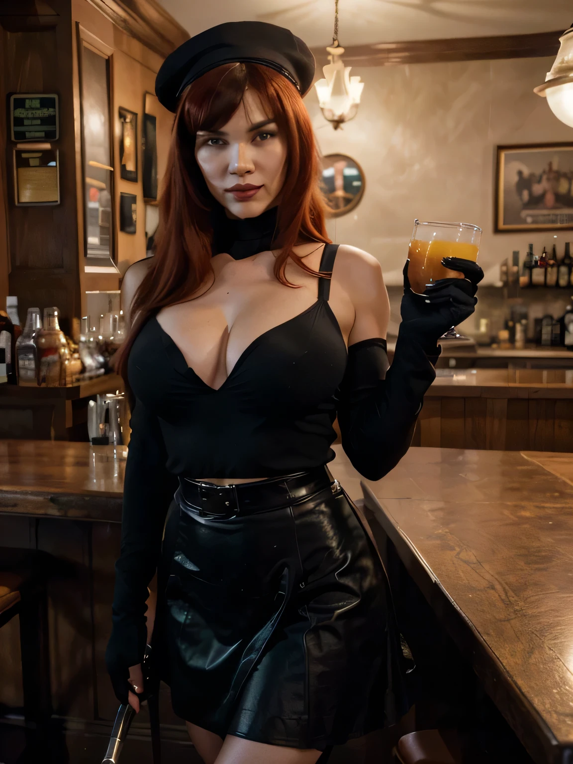 red hair ponytail smiling Bettie Page with red hair, wearing military shirt and hat, (( killer black gloves)) and  has eyepatch, she wants to make love,flirting with the camera, Brown long maxi-skirt(black long maxi-skirt:1.2 ) inside an old english pub drinking a glass of beer standing against the bar a , ultra realistic, art conceptuel, elegant, Very detailed, complexe, sharp Focus, depth oF Field, F/1. 8, 85mm, (((proFessionally color graded))), bright soFt diFFused light, (volumetric Fog), tendance sur Instagram, hdr 4k, 8K