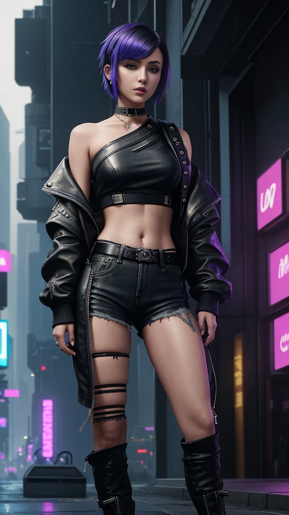 Teenage girl, short hair shaved indigo side, cyberpunk leather jacket, wide shoulder open, cyberpunk style crop top, ion mafia on crop top, cyberpunk ripped trousers, skinny, pretty belly, exquisite clothing details, 30k, high profile, futuristic city street background.