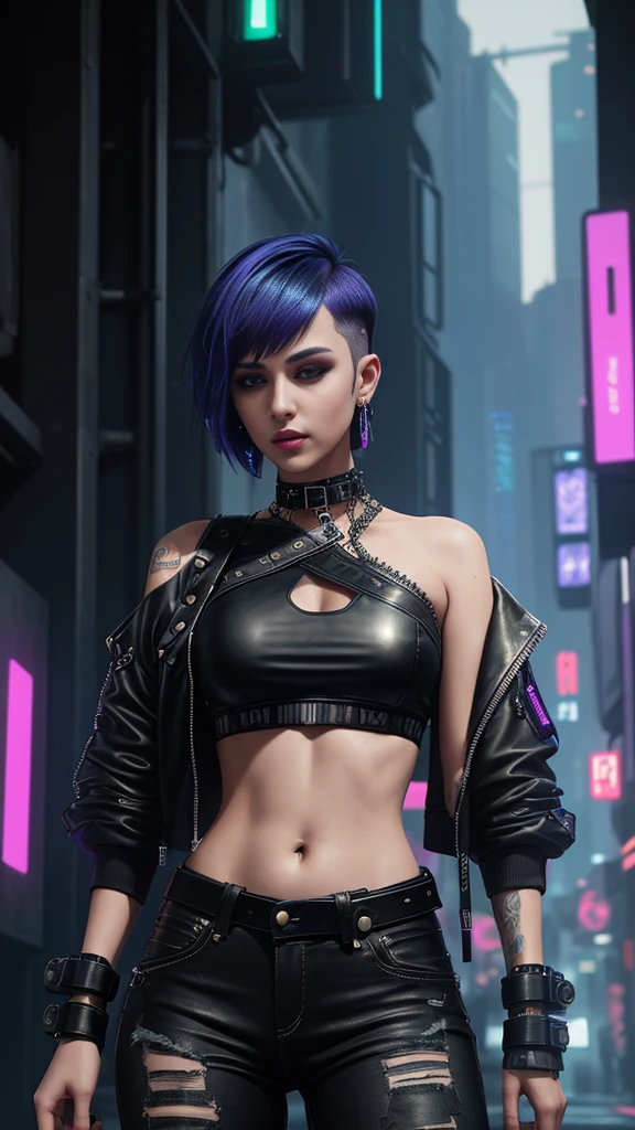 Teenage girl, short hair shaved indigo side, cyberpunk leather jacket, wide shoulder open, cyberpunk style crop top, ion mafia on crop top, cyberpunk ripped trousers, skinny, pretty belly, exquisite clothing details, 30k, high profile, futuristic city street background.