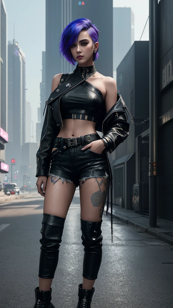 age girl, short hair shaved indigo side, cyberpunk leather jacket, wide shoulder open, cyberpunk style crop top, ion mafia on crop top, cyberpunk ripped trousers, skinny, pretty belly, exquisite clothing details, 30k, high profile, futuristic city street background.