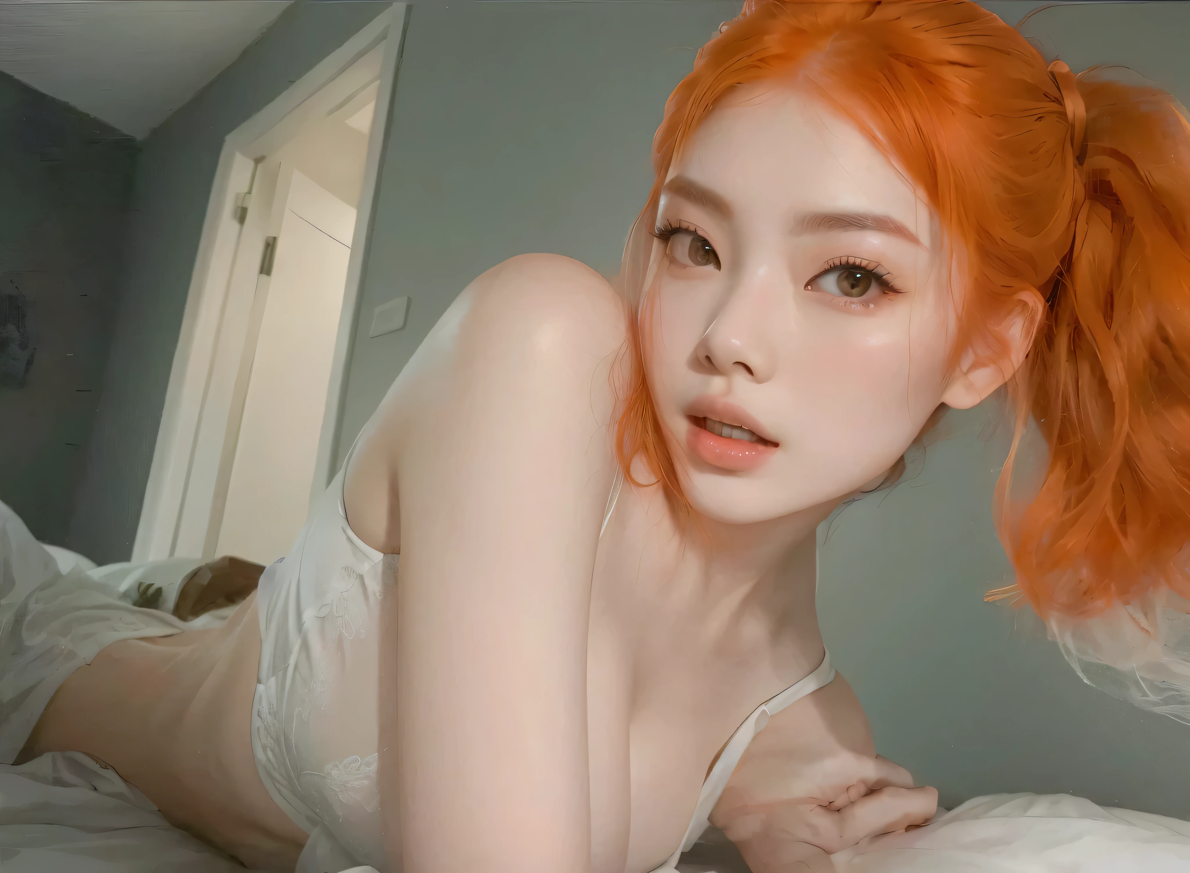 there is a woman with red hair laying on a bed, beautiful chinese model, pele de laranja fofa,  coreana, muito linda gatinha fofa, realista. Cheng Yi, anime  tailandesa, Asian nymph bald goddess, even model | artegerm, pale red, fair and pale skin!!, look sexy at the camera, young pale and beautiful asian face