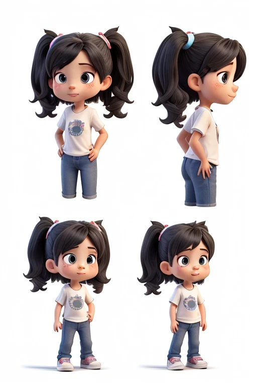 character sheet, several angles and postures, several face expretions, 3 girl, black hair, white shirt, blue pants, black shoes, two pigtails in her hair, brown eyes. with .
