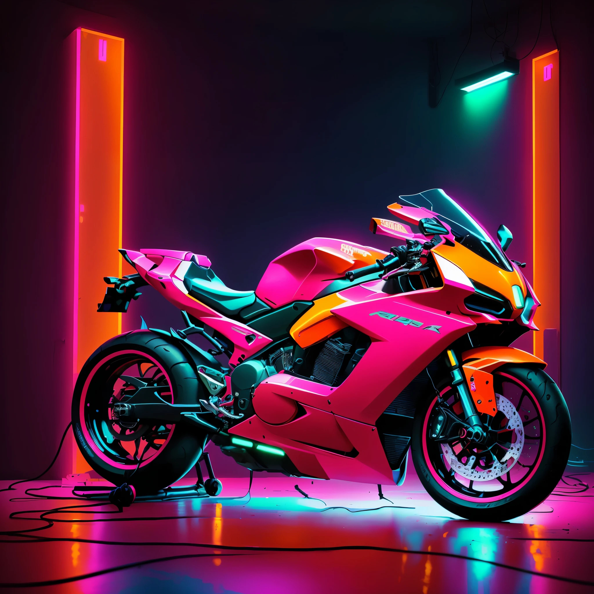 brightly lit motorcycle in a garage with neon lights, in style of digital illustration, motorcycle, futuristic neon, neon digital art, retro pink synthwave style, neon art style, cyber neon lighting, neon cyberpunk vibrant colors, synthwave art style, neon cyberpunk style, flat synthwave art style, cyber neon lights, glowing neon, cyberpunk futuristic neon
