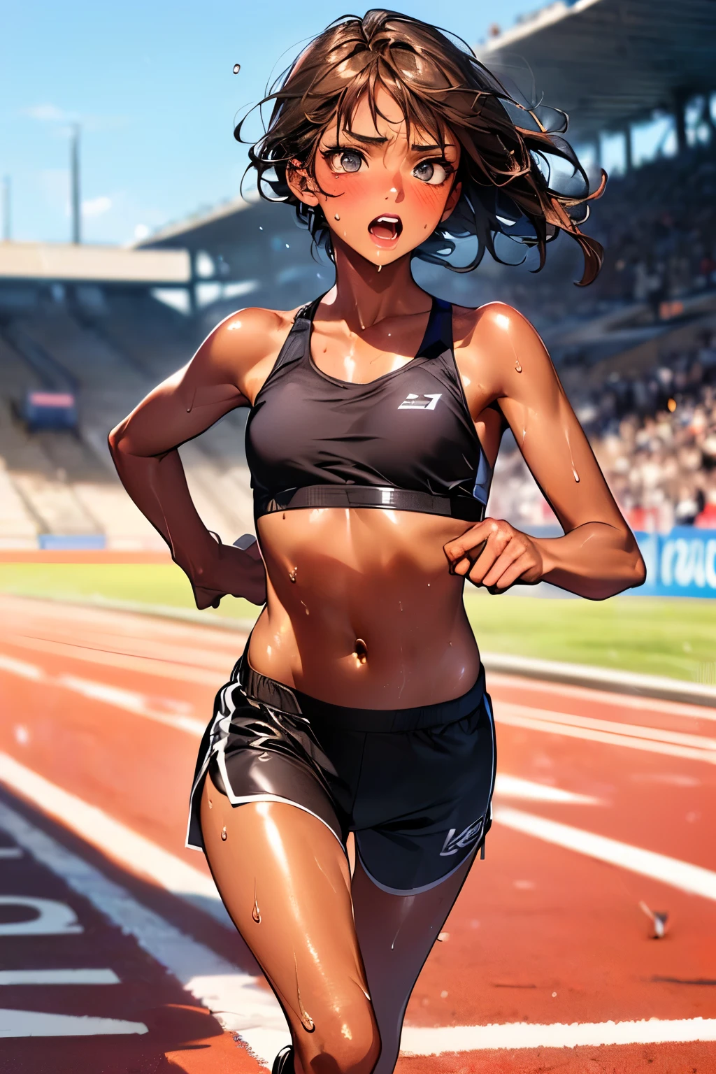 (running:1.5),((perfect anatomy:1.2,realistic:1.5,RAW Photography:1.5,masterpiece、highest quality、Ultra - High resolution、High resolution、Highly detailed CG、8K)),cowboy shot,1 female,solo、18 year old beauty,Japanese,((beautiful detailed face and eyes:1.3,gorgeous eyes:1.3,black eyes)),brown hair,short hair,straight hair,bangs,blush,Heavy breathing、open mouth,((medium breasts,slender body,small head:1.3,skinny)),(brown skin:1.5),(gleaming skin,oily skin,shiny skin,sweat:1.6),((Black sports bra、Black sports shorts、navel,sports boots),running,Athletics Stadium、