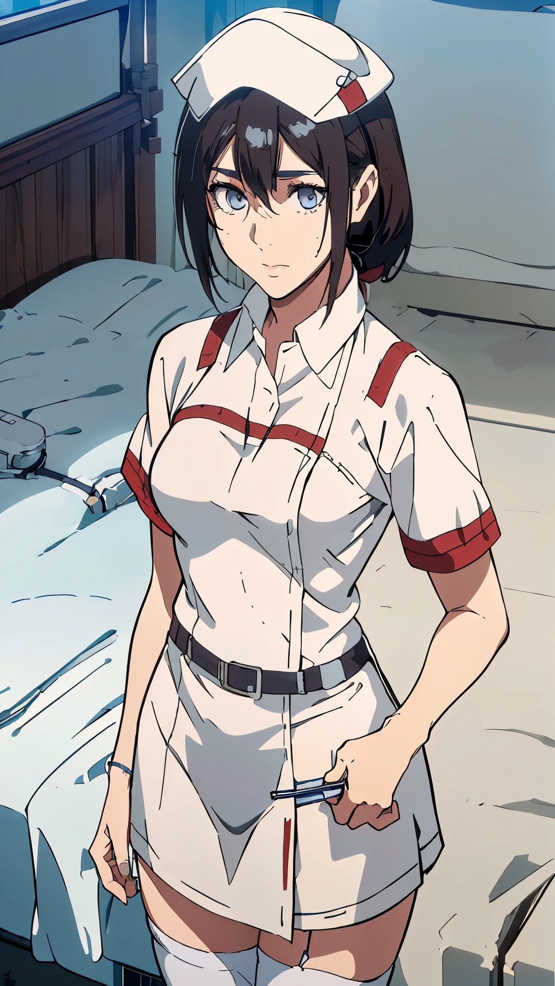 My hero academia, girl, black short hair and blue eyes, fully clothed, nurse style, thin body, heavily covered in scars