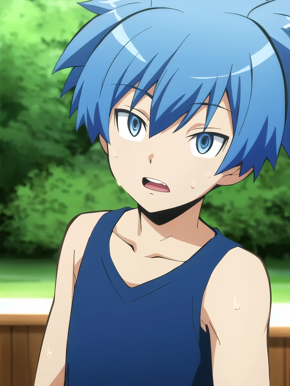 Highres, Masterpiece, Best quality at best,Best Quality,hight quality, hight detailed, Anime style, 1boy, Shota, Shiota nagisa, Tank top, depth of field, Look like good boy, (very young boy), (very small and short body), 12-year-old boys, Little sweat, Blurry beckground, Blue eyes, Blue hair, solo, spiked hair, spot color, teeth, upper body, Uhd, bokeh