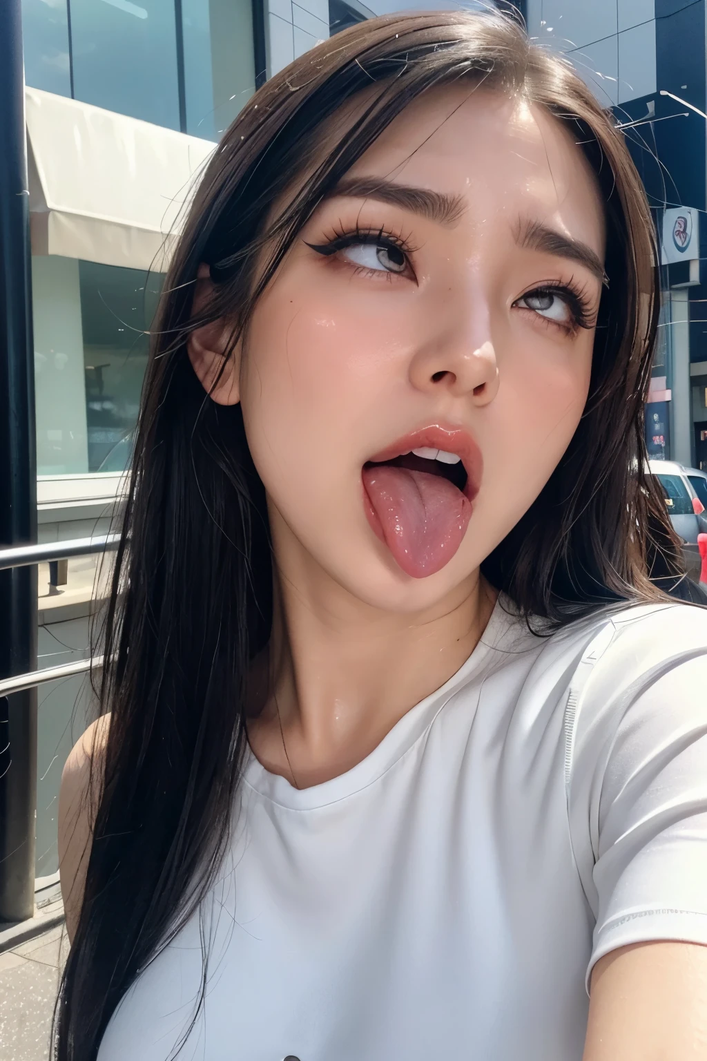 Fashion trendy beautiful and attractive woman,beautiful japanese woman,1 girl、Realistic and detailed eyelashes、Award-winning photo、very detailed、eye、nose、focus on the mouth、closeup focus on face、Woman with open mouth and closed eyes、35 years old、black hair、Wrinkles：1.1、symmetrical face、Realistic nose hole、from belowのアングル、Realistic and detailed elongated C-shaped nose hole,sweaty skin、Lighting that emphasizes the skin that shines with sweat、((Sharp nose))Skin shiny with sweat、shiny skin、sweaty hair、Upper eye、(wrinkles between eyebrows))(cum on tongue)Lighting that does not cast shadows on your face、from below,long tongue、drooling.((Drool dripping from the tongue、saliva drips from the tongue))、(((Drool bubbles remain on the tongue、)))(((Foamy saliva collects at the bottom.)))upper body only,Ellipse face, ((Streets of Shibuya,Spring Casual Fashion,I can see the sky)), sexy