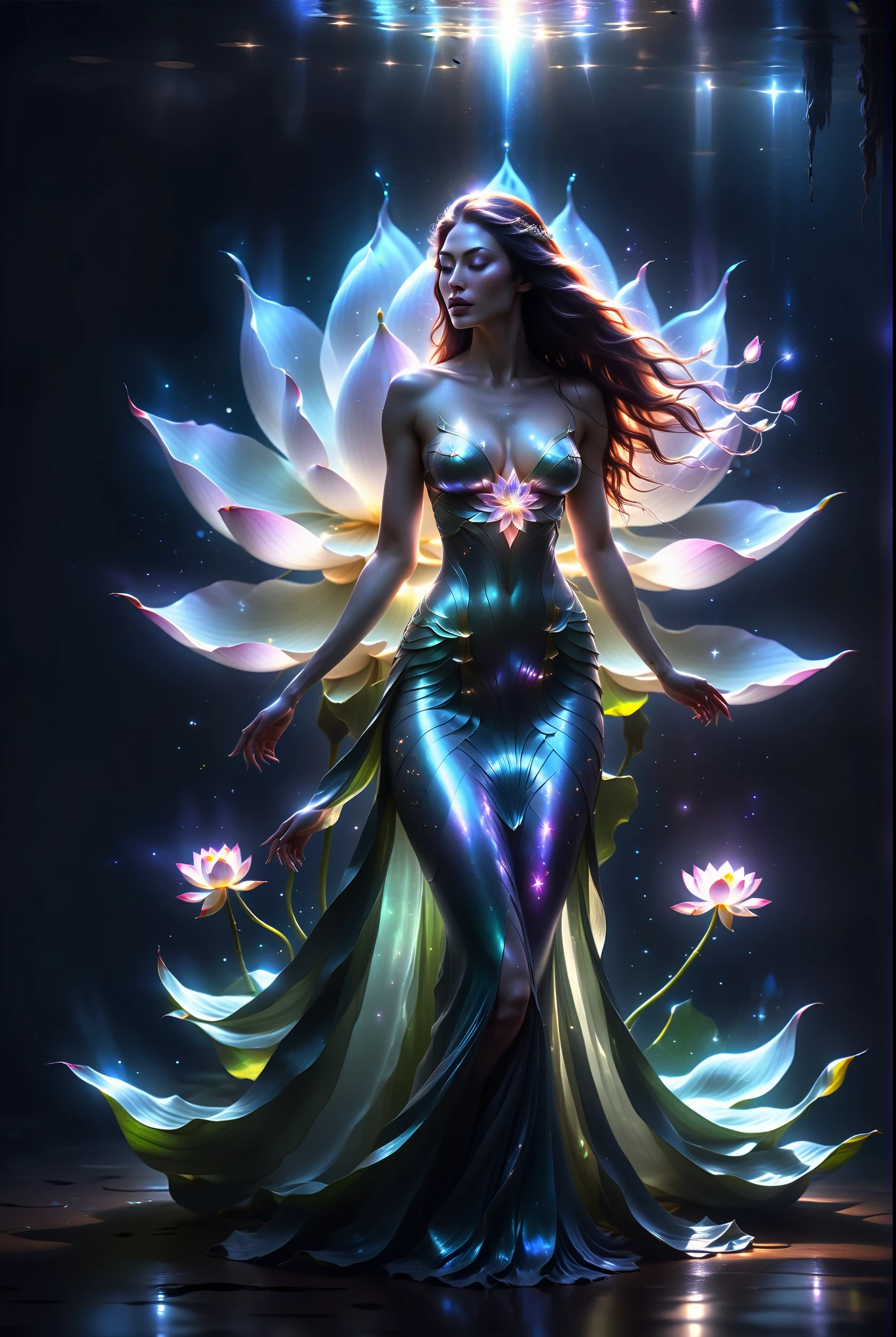 woman, long hair, sunlight, gigantic breasts, iridescent dress, glowing stars, A digital illustration, glowing lotus, defraction spikes, chromatic aberration, bloom AND (glowing, holofoil:0.6), a beautiful fantasy empress, guweiz, ruan jia and artgerm, beautiful fantasy maiden, japanese goddess, It was empty inside and she didn't even wear a bra, When she moved her body, her two fat and white breasts swayed left and right, Under the friction with her clothes, her two lotus seed-sized nipples actually stood up, making her clothes bulge out by two pointed,