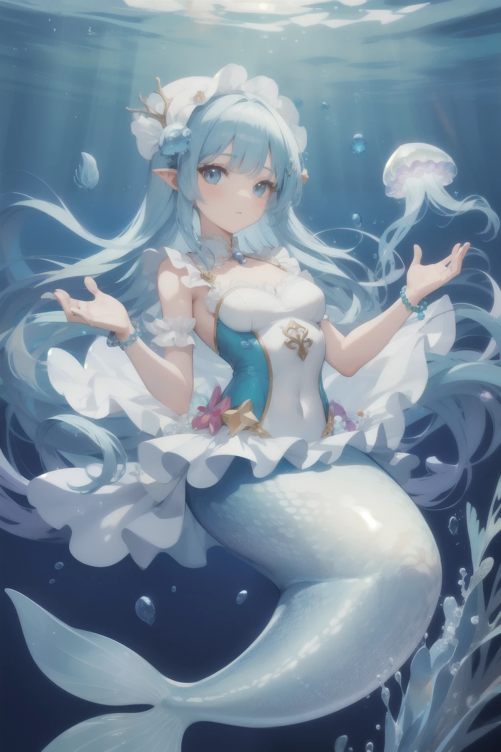 high resolution,(incredibly absurdres), (hires.fix:1.3),anime visual,extremely detailed CG unity 8k wallpaper, ((masterpiece)), ((top-quality)), (beautiful illustration), ((an extremely delicate and beautiful)), 1 mermaid girl, sitting in sea, (((surrounded by many bubbles ))) ,full body, character focus, bare breasts, Volume lighting , background The Palace Under the Sea, Perspective