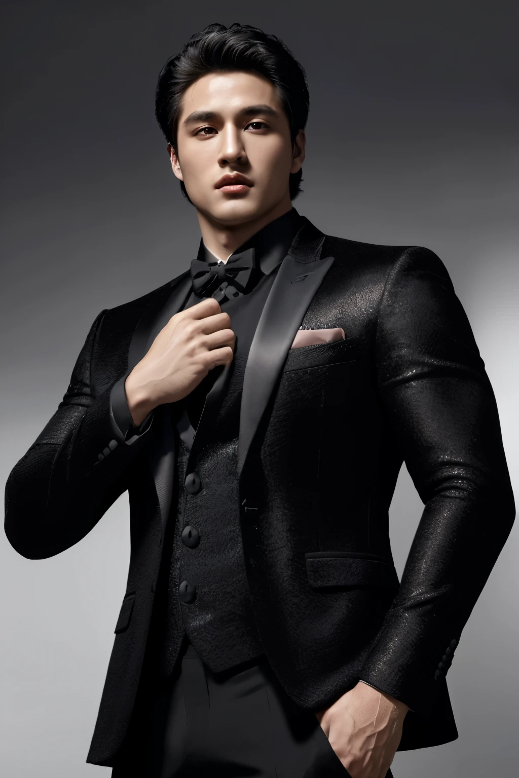oppav3, (masterpiece, ultra quality, high resolution, 8k, intricate: 1.2), (detailed face:1.2), (wearing black suit:1.5), handsome, detailed skin, pores, absurdres, hunk, 1boy, male focus, ((realistic)), good lighting quality, muscle veins, ((pale skin)), flexing, balanced eyes, brown eyes,