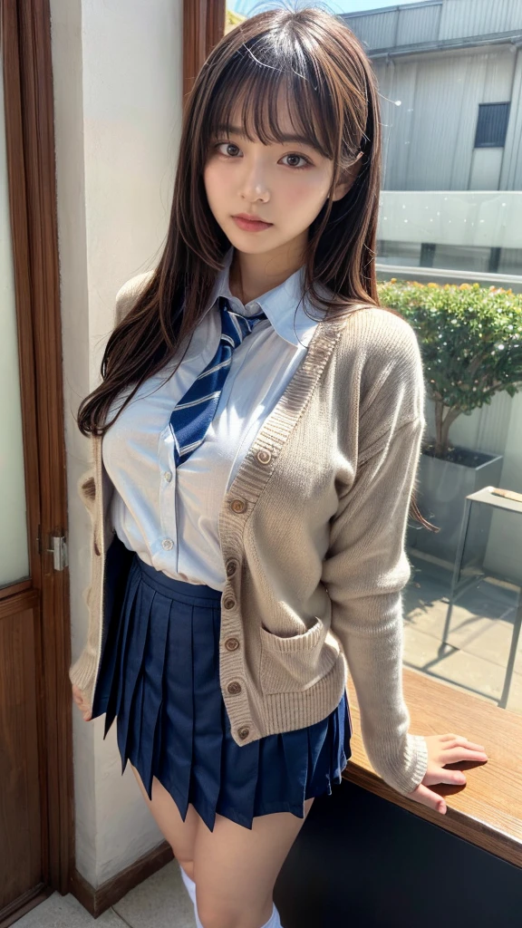 muste piece, best quality, illustration, Super detailed, fine details, High resolution, 8K,wall paper, perfect dynamic composition,(Details High quality, realistic depiction of eyes:1.3), (long hair:1.8, blond hair), ((light blue collared shirts, navy pleated mini skirt, socks, navy tie, light brown cardigan)), pink panties, (beautiful scenery), evening, school, classroom, curtains, walking, hands on chest, large breasts, Big Natural Color Lip, (perfect body shape), crying a little、cold gaze, Harajuku style、20 year old girl、cute type、lolita、beautiful legs, Gravure Idol