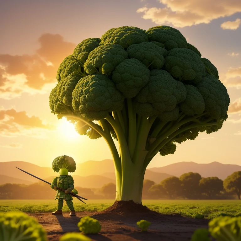A broccoli soldier stood tall and green in the midst of a vibrant battlefield, his vegetable form accentuated by the army uniform covering his florets. His helmet, shaped like a broccoli head, sat neatly on his stalk, and his chest was adorned with intricate leaf patterns. His arms were crossed, holding a spear made of celery, and his expression was determined and resolute. The battlefield was lit by the soft, warm glow of setting sun, casting long, playful shadows on the ground. His skin was a fresh, vibrant green, and there was a slight sheen of moisture on his surface from the recent rain. Despite being a vegetable, he exuded