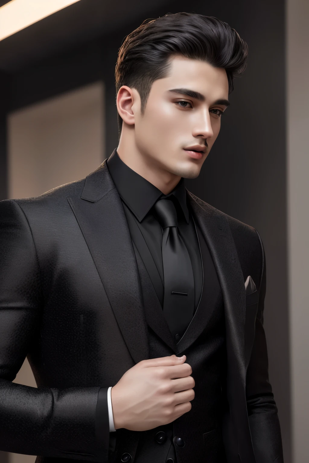 oppav3, (masterpiece, ultra quality, high resolution, 8k, intricate: 1.2), (detailed face:1.2), (wearing black suit:1.5), handsome, detailed skin, pores, absurdres, hunk, 1boy, male focus, ((realistic)), good lighting quality, muscle veins, ((pale skin)), flexing, balanced eyes, brown eyes,