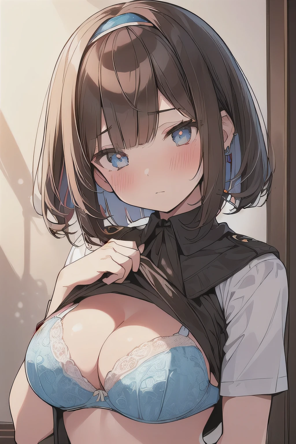 (best quality), (Super detailed), (Best Illustration), (woman), look at viewer, {(police uniform, (shirt, lift:1.2), (show off bra:1.3)}, (), {(detailed eyes), (heart-shaped pupils), blue eyes}, {brown hair, (sideburns), (bob cut:1.3), curly hair, hairs between eyes, colored inner hair}, blush, earring, hair band,