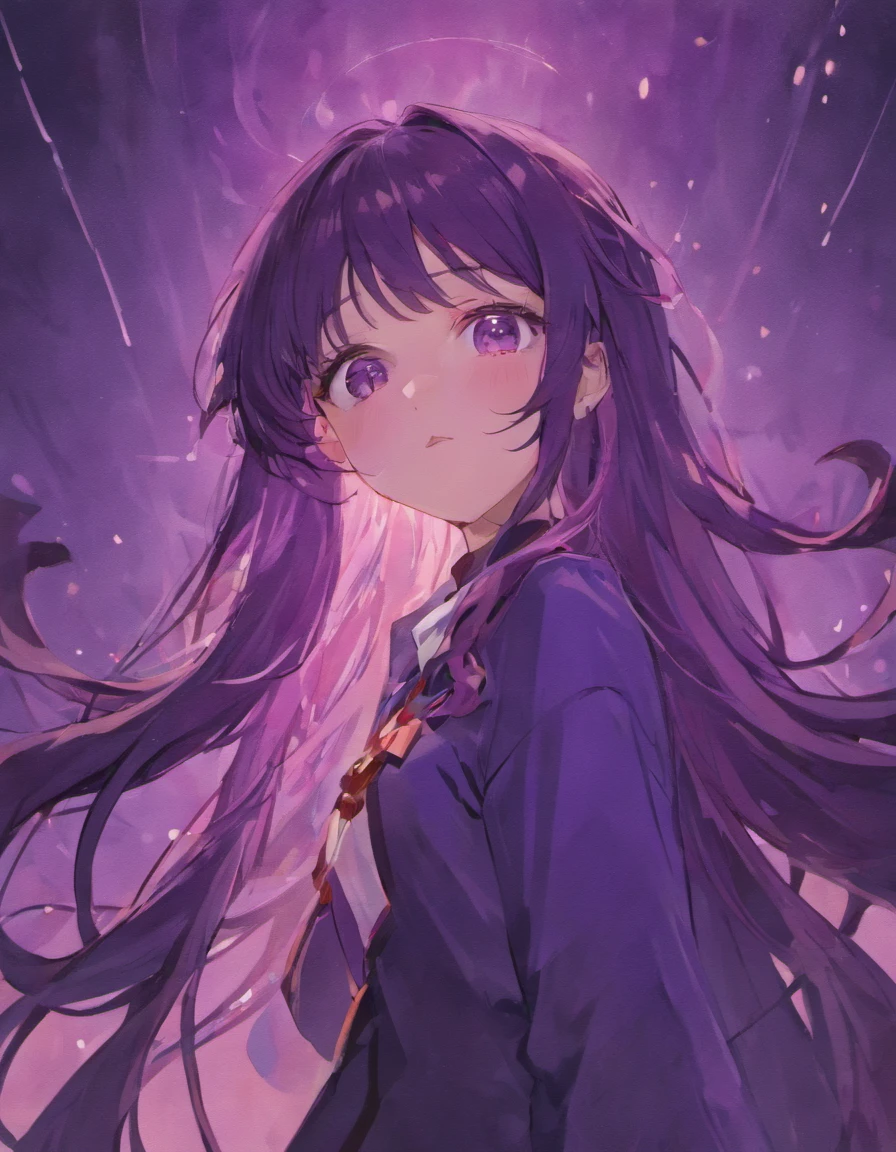 Young woman. Long dark purple hair curls. Purple empty eyes. Tired look. gloomy atmosphere. Plbshevy black cat in hands. Young woman одета в шорты и свободную футболку. Mafuyu Asahina.