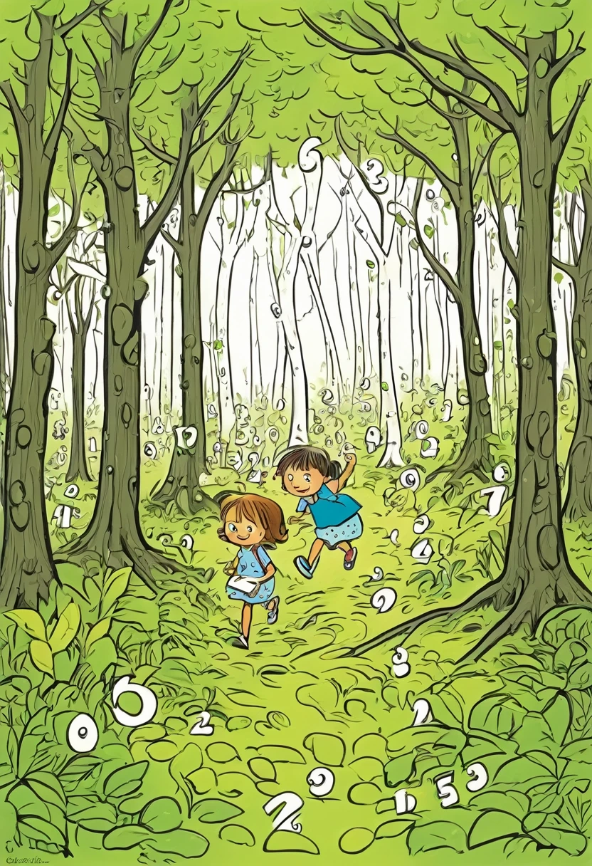 Una caricatura, un bosque bonito, una brujita, numbers disappearing, little kids finding them