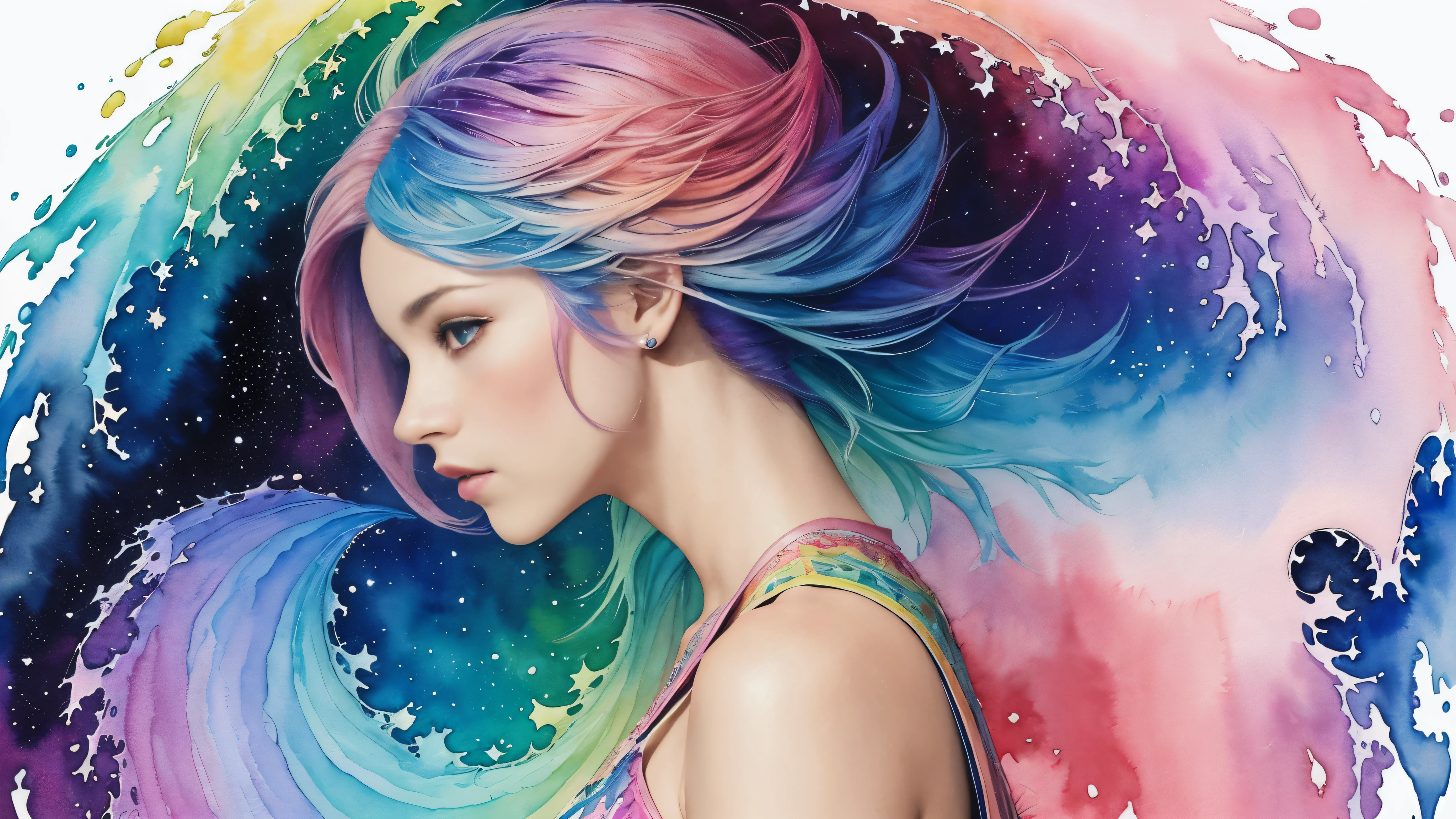 (masterpiece, top quality, best quality,watercolor (medium),official art, beautiful and aesthetic:1.2),(1girl:1.3), (fractal art:1.3),upper body, from side, looking at viewer,patterns,(rainbow color Hair,colorful hair,half blue and half pink hair:1.2),water,liquid, cloud,colorful, starry,stars,