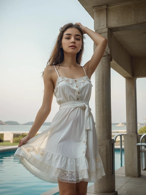 A cute girl, perfect face, bueatifull (( girl)) 14 years oldy body, slim body, white skin, masterpiece, textured skin, super detail, high details, high quality, 8k, ((looking a side)) the portrait of a stunning 14-year-old girl adornedn alish ss, a vision of youthful elegance and grace.

Her slender silhouette is draped in a dress that exudes sophistication and charm, tailored to perfection to accentuate her youthful curves. Perhaps it's a flowing sundress in a vibrant floral pattern, the colors dancing playfully against the backdrop of her radiant smile. Or maybe it's a chic A-line dress, cinched at the waist to highlight her natural beauty and grace.

Every stitch of fabric whispers tales of fashion and flair, a testament to her keen eye for style and her innate sense of self-expression. Paired with dainty accessories and subtle touches of makeup, her ensemble is a work of art, a reflection of her unique personality and taste.

As she moves with a gentle sway, her presence commands attention, drawing gazes with an air of effortless confidence and grace. Her eyes, pools of endless depth and curiosity, sparkle with the promise of adventure and discovery.

In her, there is a symphony of dreams waiting to unfold, a world of possibilities stretching out before her like an endless horizon. She is not just a girl in a stylish dress but a vision of beauty, a reminder of the magic that exists in every moment of youth and innocence.





