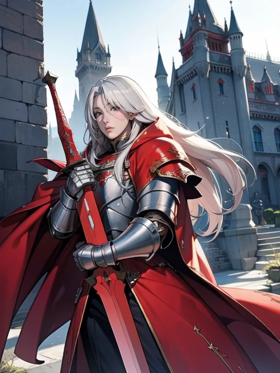 1 long-haired albino male knight, wearing red hood、Wearing heavy armor and carrying a long sword、With the old castle behind