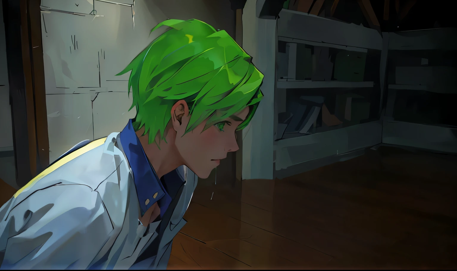 15 year old boy green hair green eyes is kneeling crying