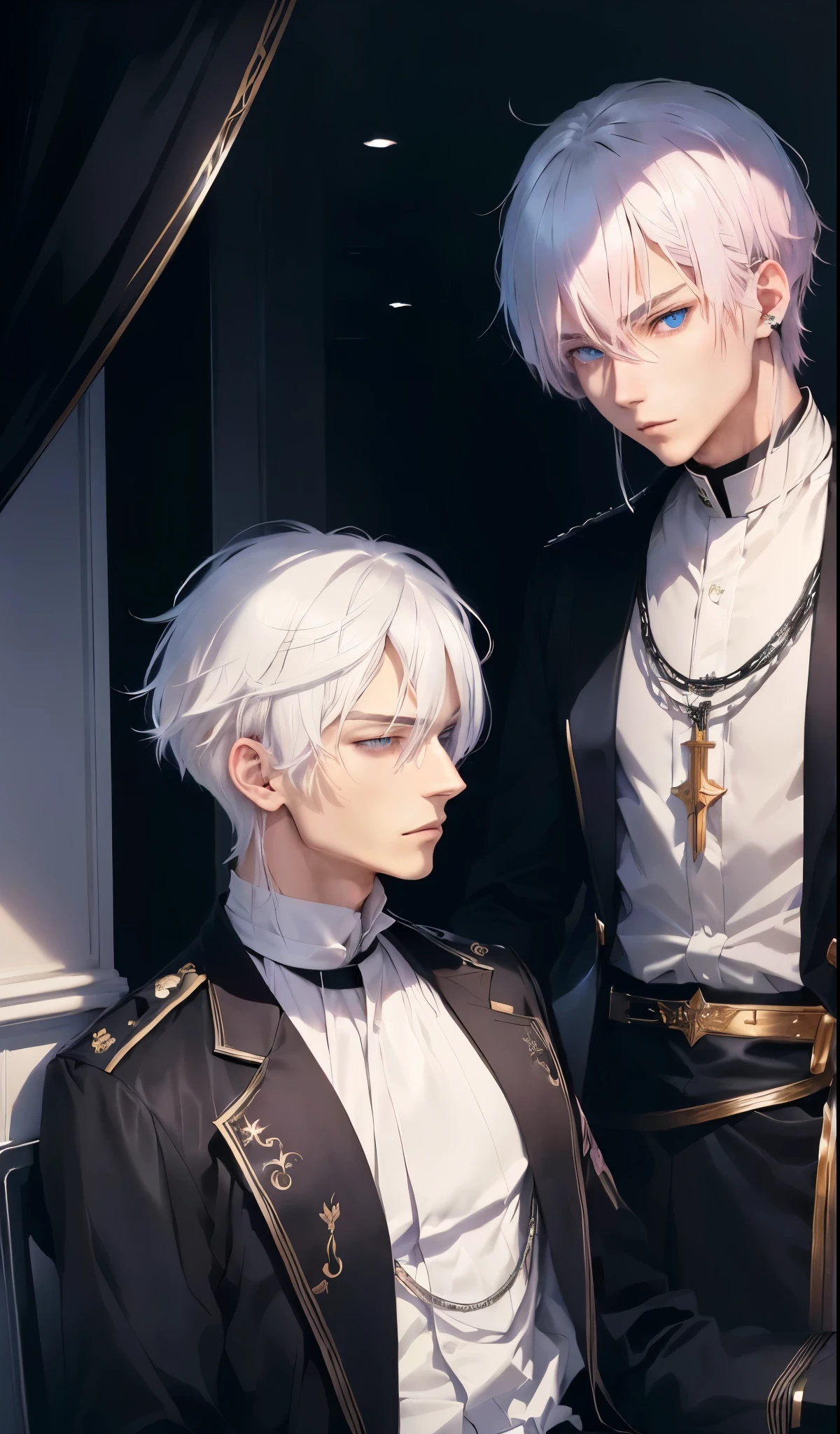 Two anime characters in black outfits no white. A man who sits, he has blue eyes, platinum white hair, tied long hair. Another man who stand, he has short hair, light pink hair, wearing a black military uniform stand next to him. The background is black.
