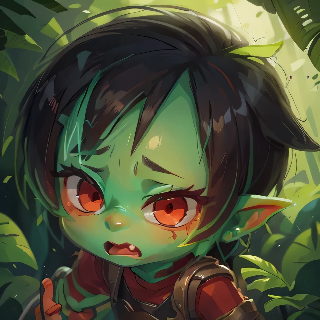 a green skin goblin boy, close up face, shocked face, red eyes, black hair entirety 