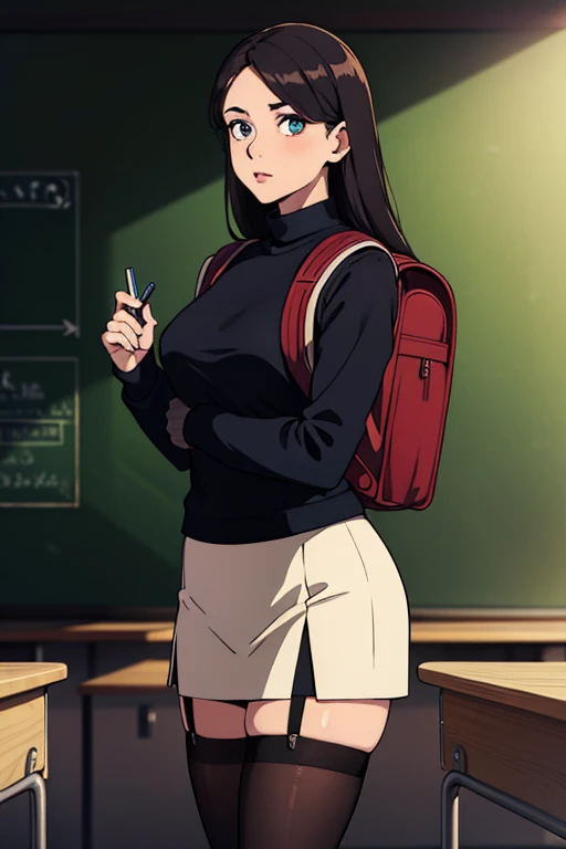 (best quality,4k,8k,highres,masterpiece:1.2),ultra-detailed,realistic:1.37, [portraits,photography], [vivid colors], [studio lighting], college class, woman, fuck-me-look, standing, turtleneck, skirt, stockings with garters, classroom, blackboard, chalkboard, books, backpack, students, learning, education, confident, intelligent, focused eyes
