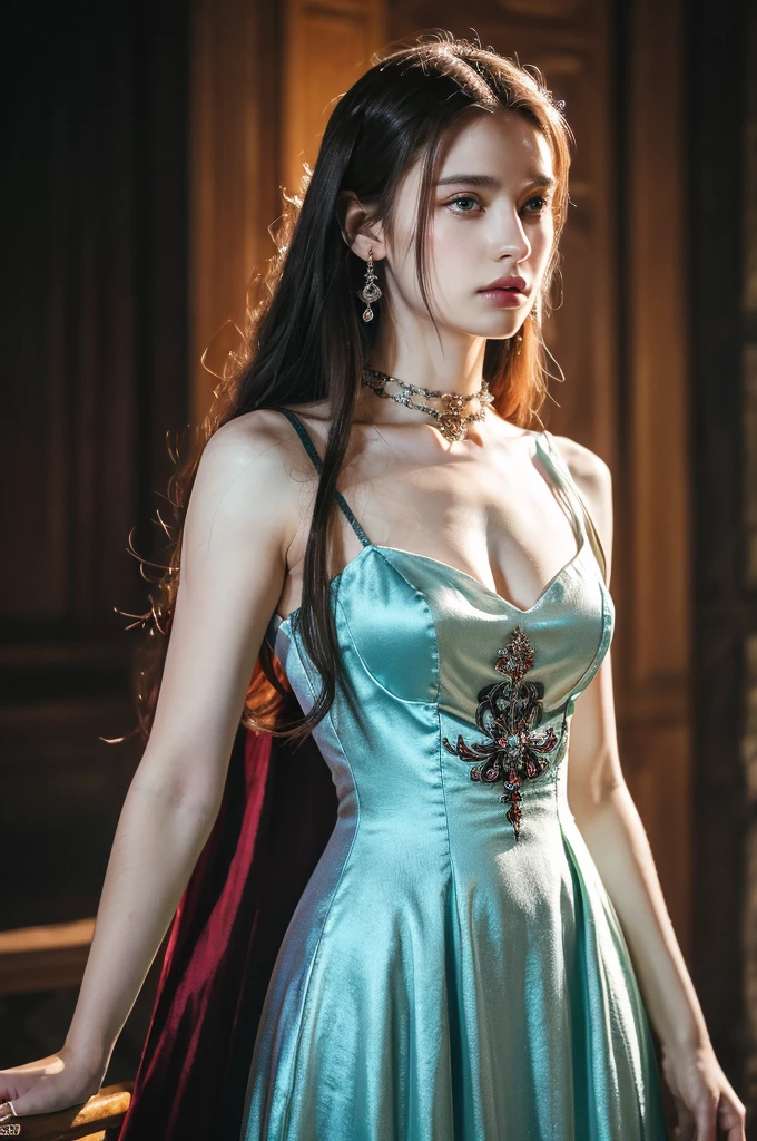 ( masterpiece, top quality, best quality,8k, girl,ultra detailed,raw photo:1.5),(photorealistic:1.4),(cinematic lighting), PerfectNwsjMajic, , Surrealism, UHD, ccurate, Super detail, textured skin, High detail, Best quality, dynamic angle, (high nose,White skin),[Beautiful blue eyes],[flat chest:large breasts:0.5],(1girl),(good anatomy:0.5)), of a woman in a dress with a sword, a beautiful fantasy empress, ((a beautiful fantasy empress)), beautiful fantasy maiden, jewelry, splendor 